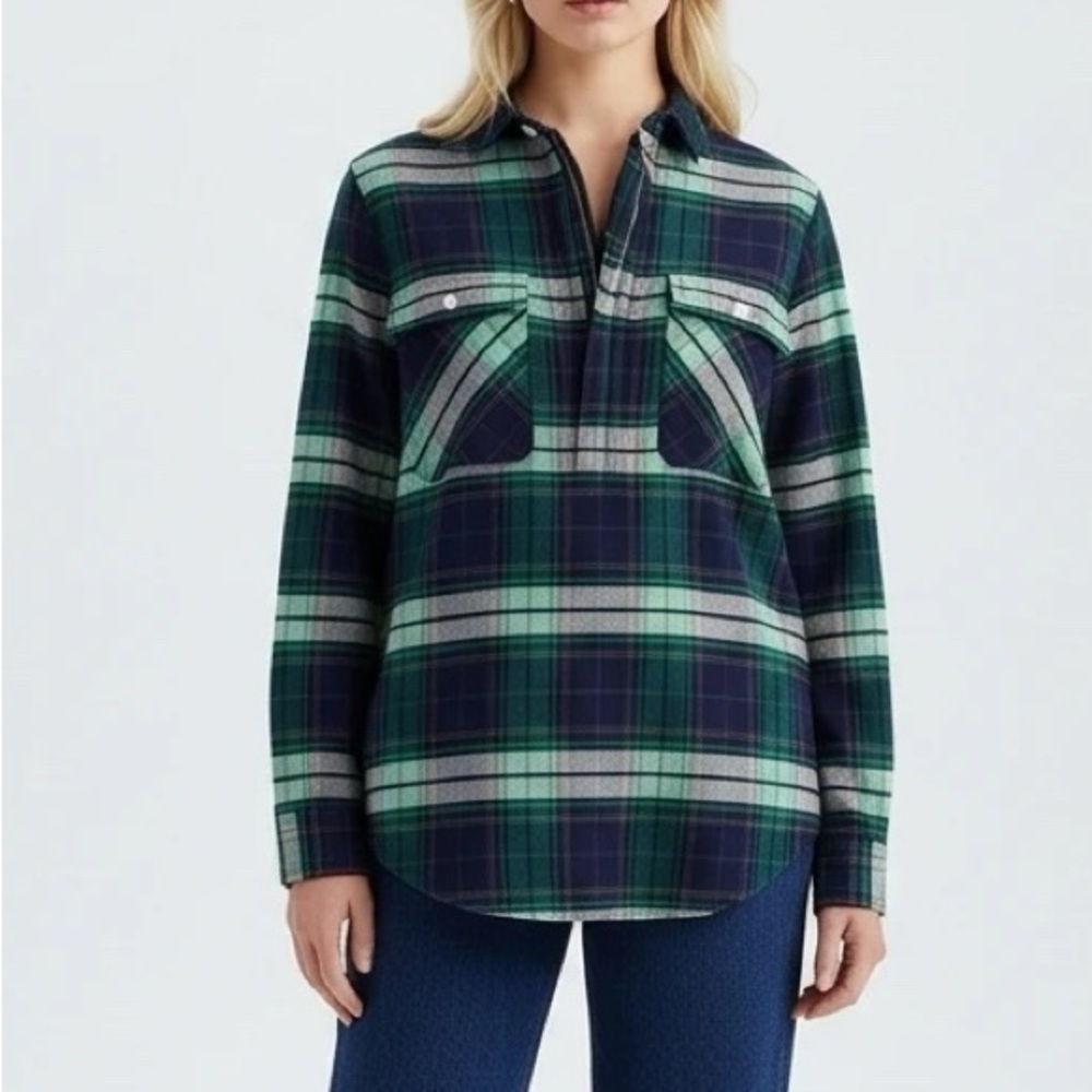 J. Crew Navy & Green Plaid Flannel Pullover